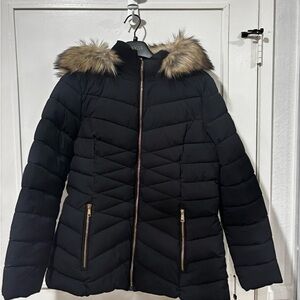 Laundry By Shelli Segal Black Puffer Jacket with Faux Fur Trim